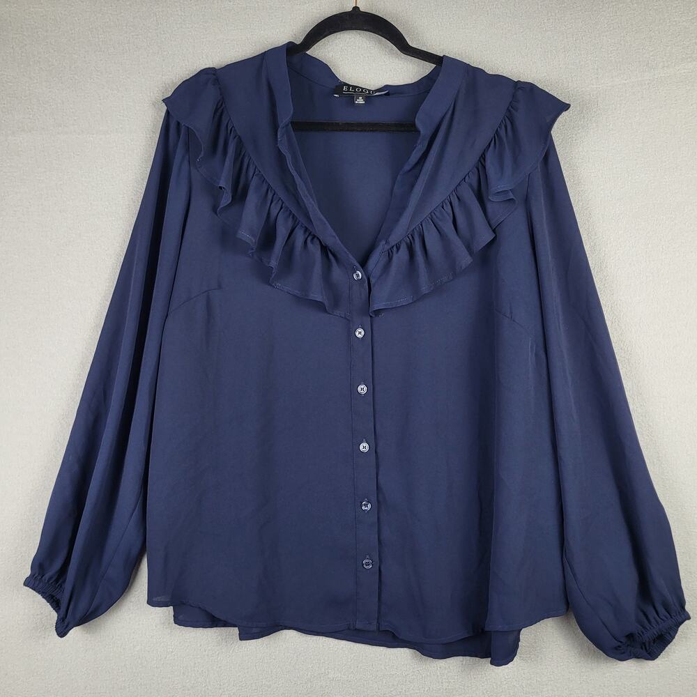 Eloquii Women's Plus Size 18 Ruffle Collar Button Up Blouse‎ Blue Cottagecore